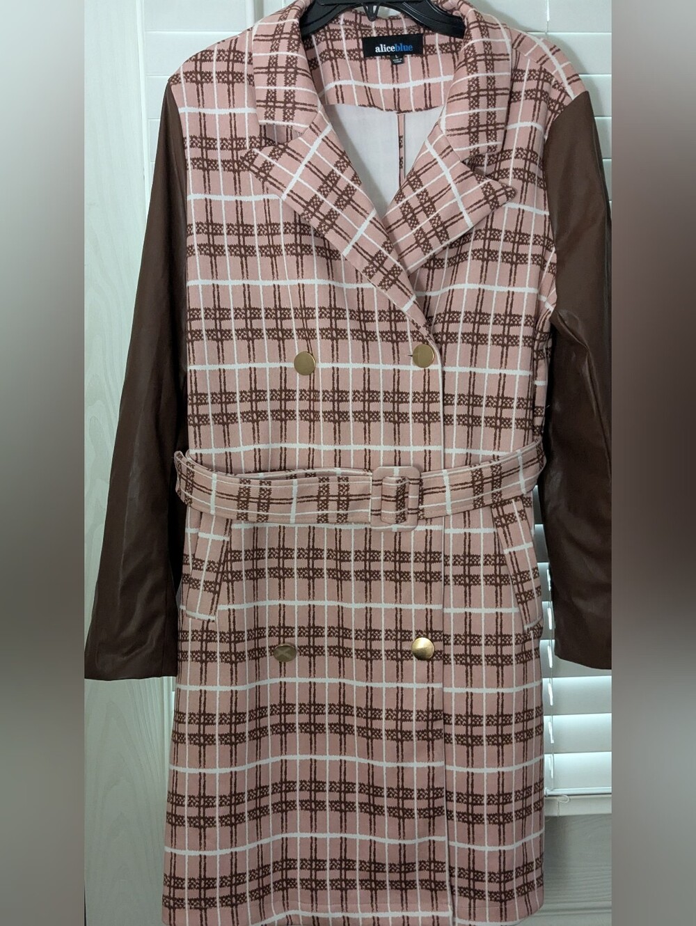 Alice Blue Pink Plaid Trench Coat with Brown Sleeves Belted Size L